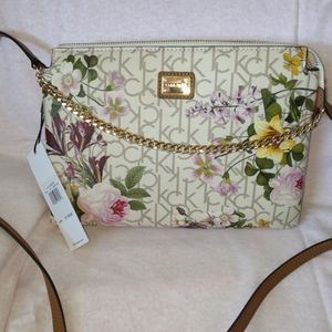 NWT Calvin Klein shoulder bag. White tan floral with gold and brown accents